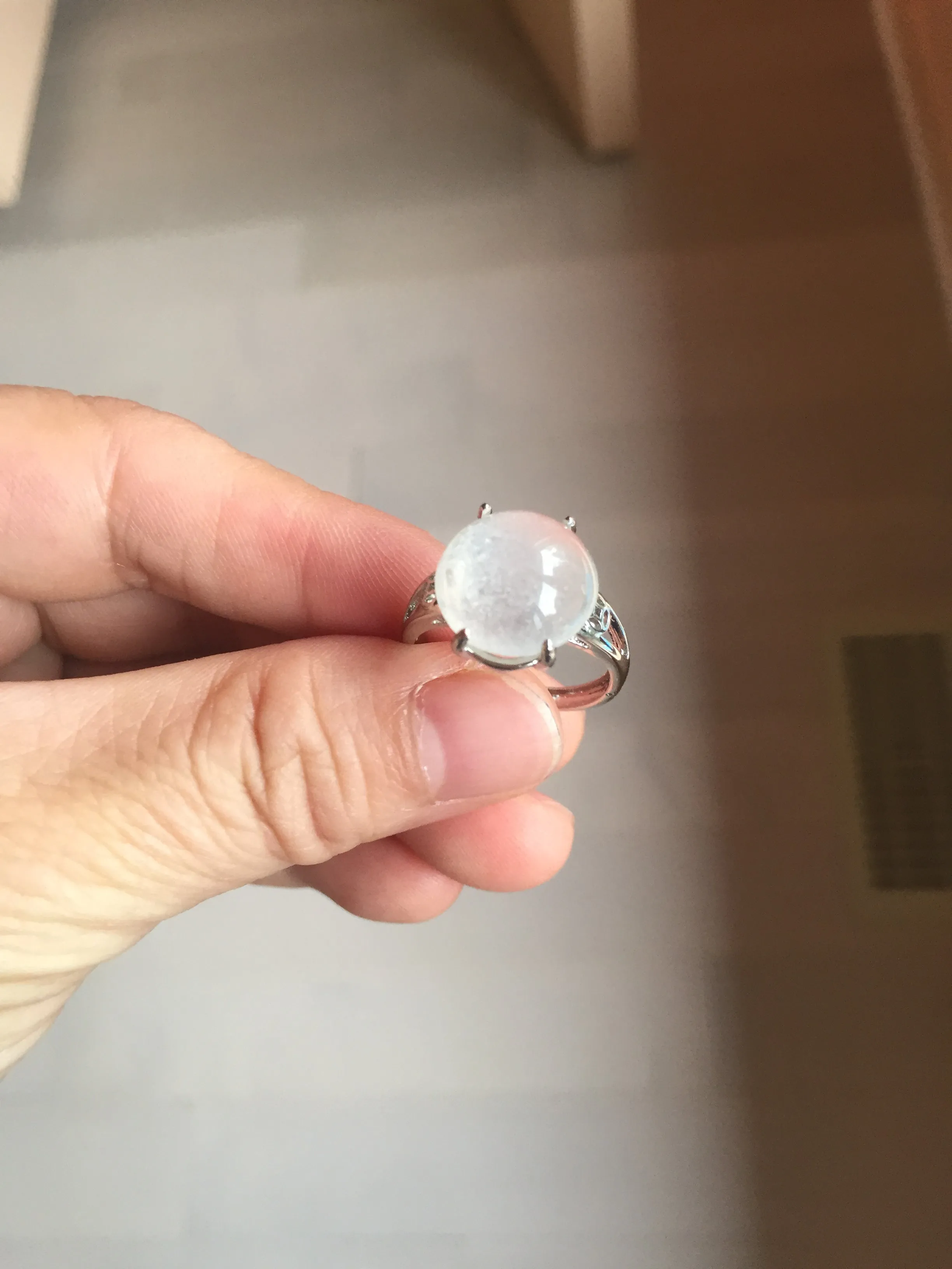 100% Natural icy white clear ShuiMo Jade(水沫玉,foam of the water, quartzite) ring XY106