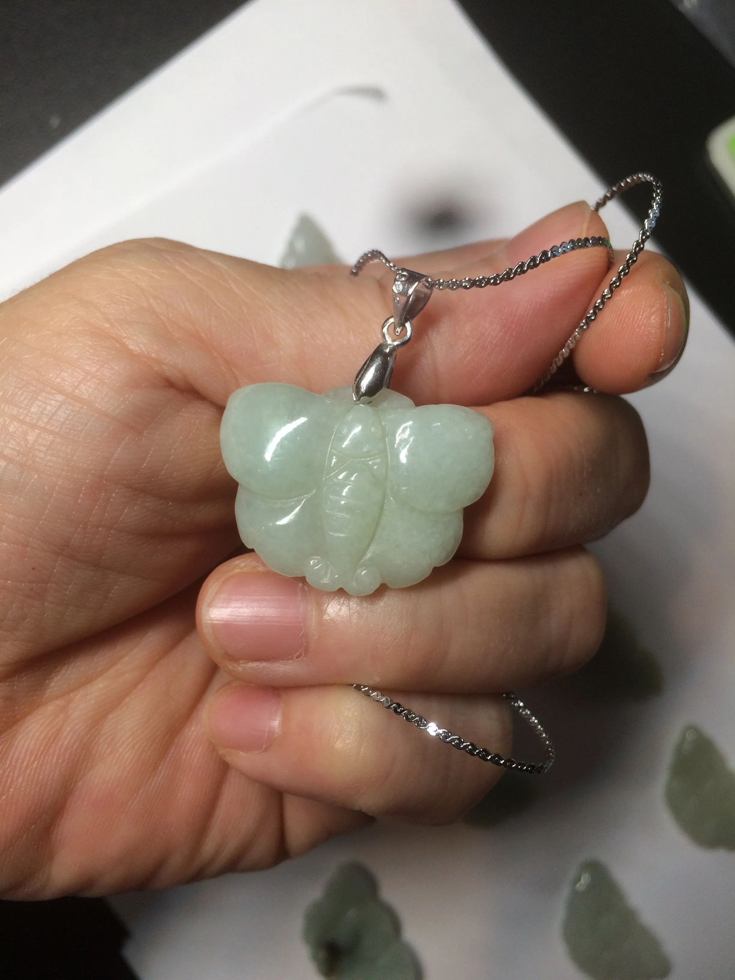 100% Natural light green 3D Jadeite Jade butterfly pendant KS99