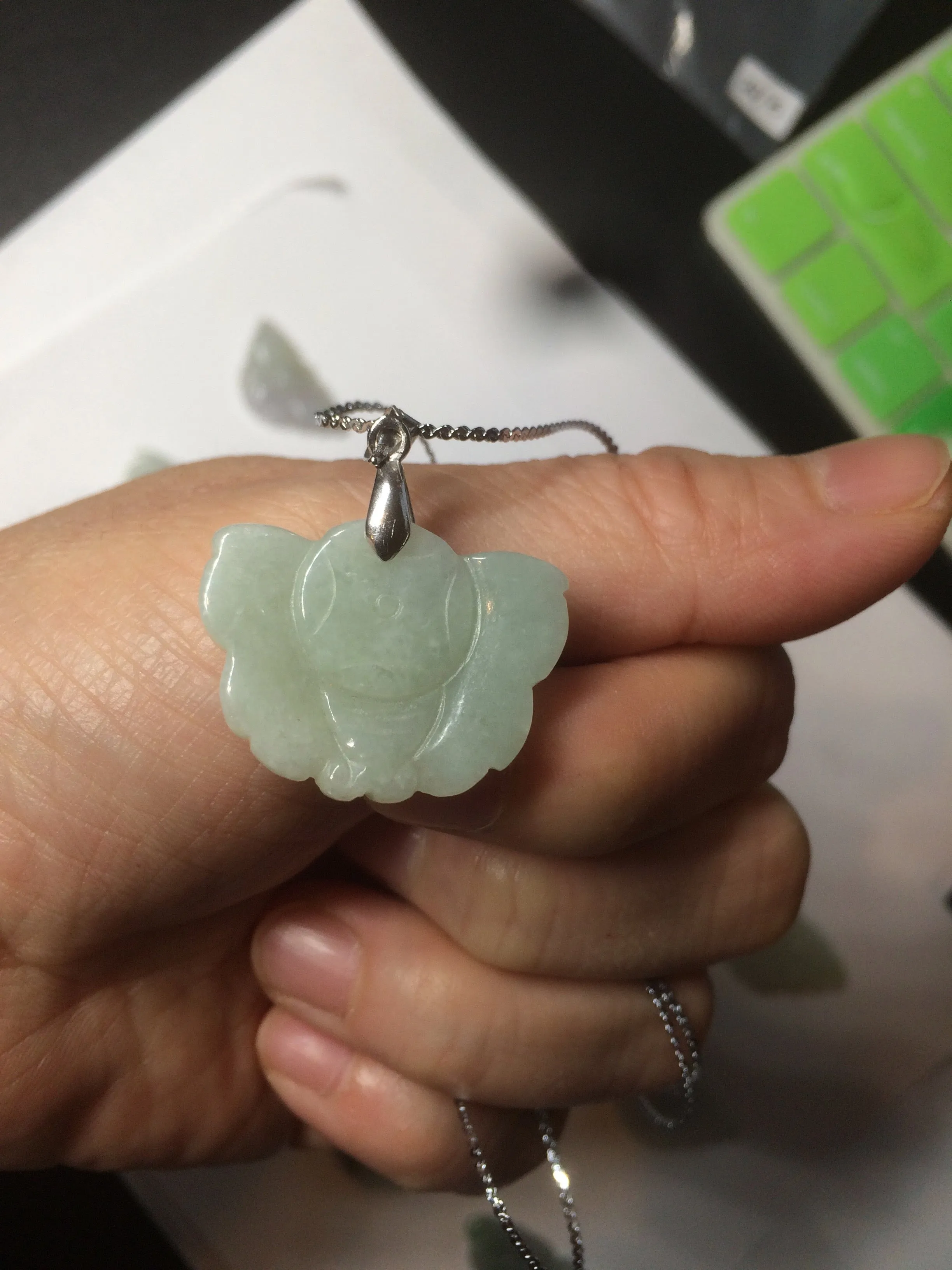 100% Natural light green 3D Jadeite Jade butterfly pendant KS99