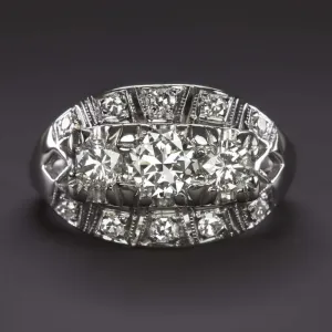 1.05ctw OLD CUT DIAMOND COCKTAIL RING RETRO VINTAGE 3 ROW 14k WHITE GOLD ESTATE