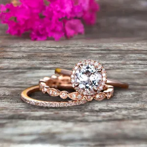 10k Rose Gold Anniversary Gift Art Deco 1.75 Carat Round Cut Aquamarine Wedding Ring Set Moissanite Diamond Matching Band Anniversary Gift