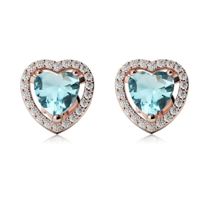 10k Rose Gold Plated 4 Ct Created Halo Heart Aquamarine Stud Earrings