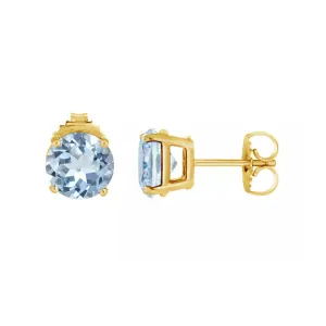 10k Yellow Gold Plated 2 Ct Round Created Aquamarine Sapphire Stud Earrings