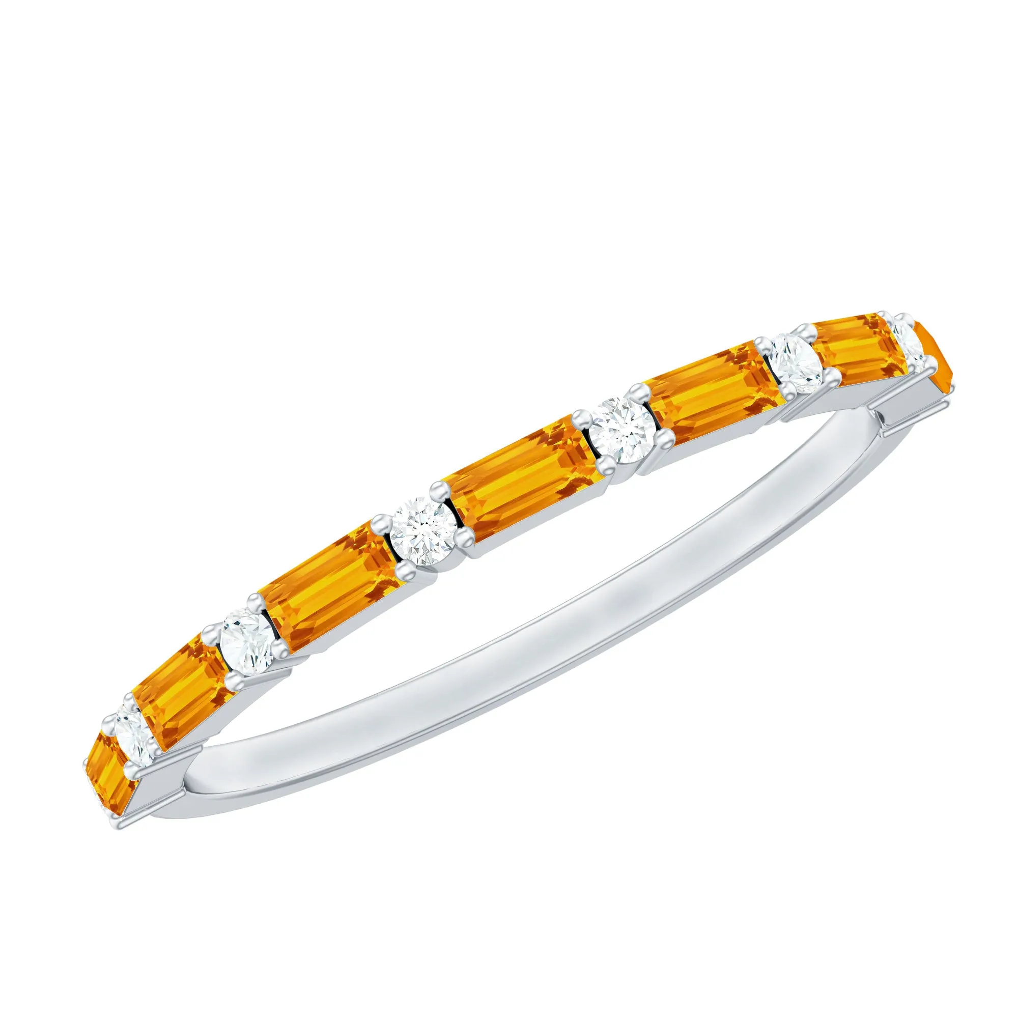 1/2 CT Baguette Orange Sapphire and Diamond Half Eternity Stackable Ring