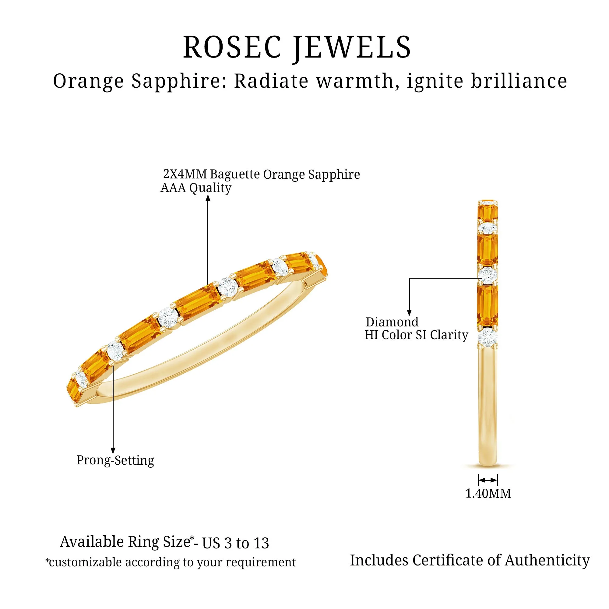 1/2 CT Baguette Orange Sapphire and Diamond Half Eternity Stackable Ring