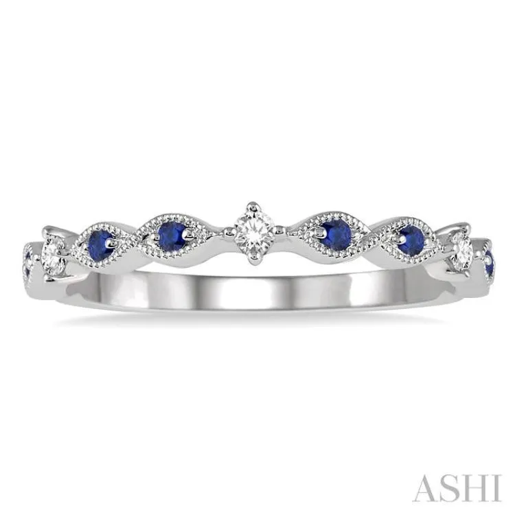 1.25 MM Round Cut Blue Sapphire and 1/20 Ctw Round Cut Diamond Half Eternity Wedding Band in 14K White Gold