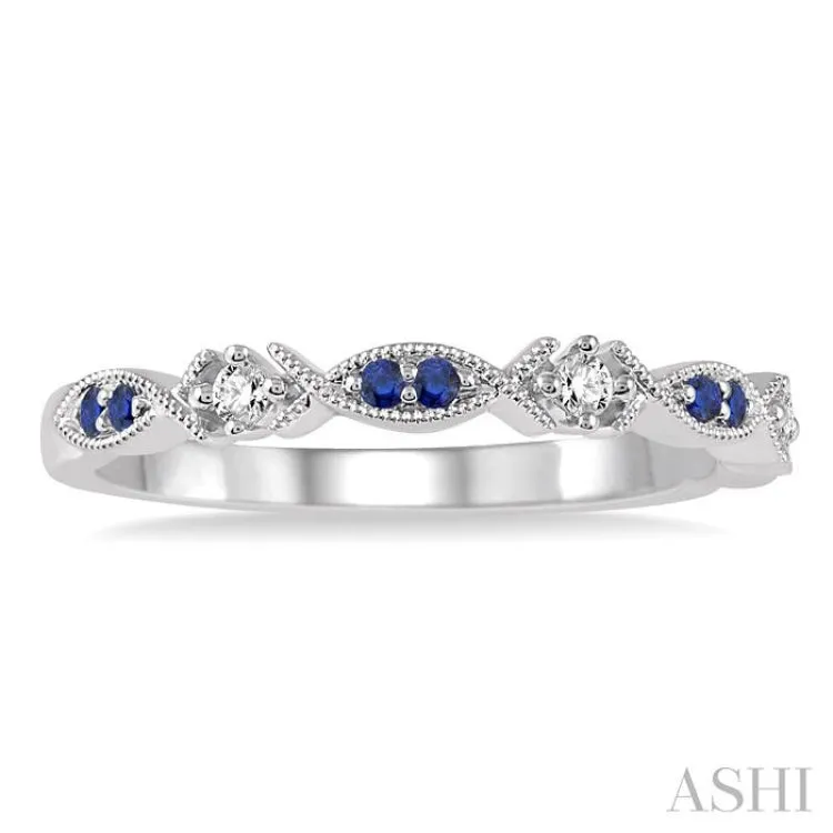 1.25 MM Round Cut Blue Sapphire and 1/20 Ctw Round Cut Diamond Half Eternity Wedding Band in 14K White Gold