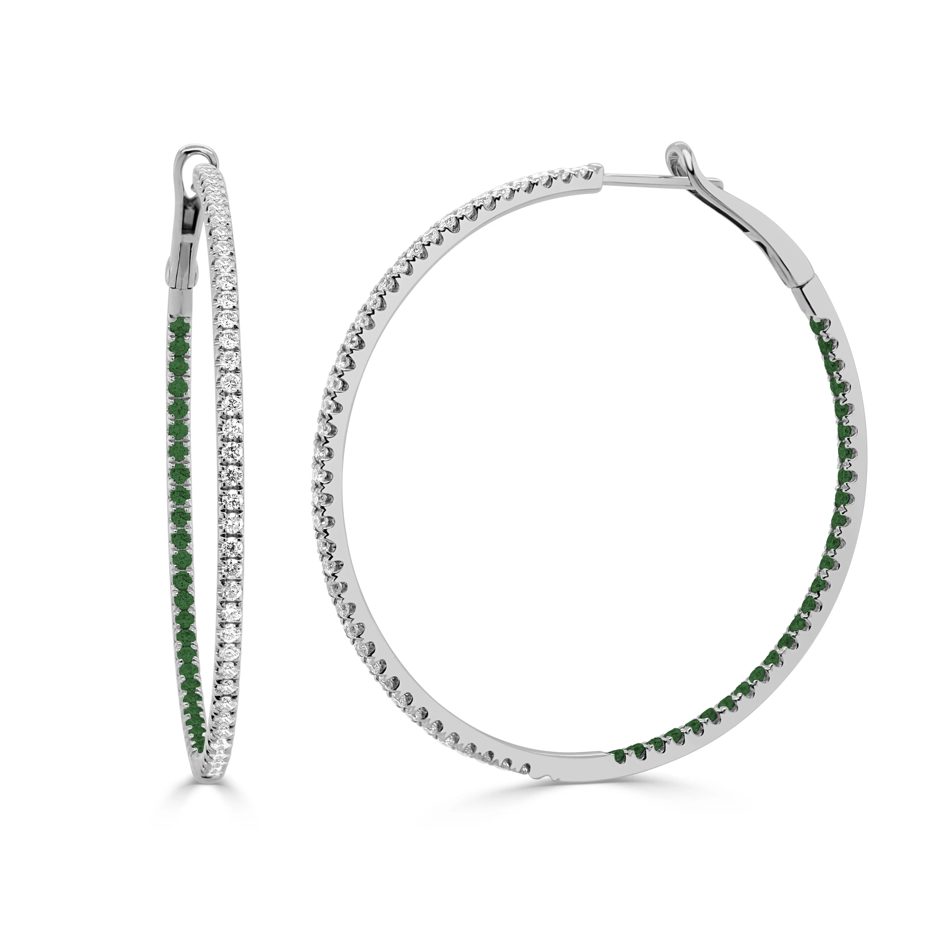 14K Gold Diamond Outside & Emerald Inside Hoops - 1.26ct