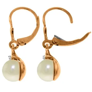 14K Solid Rose Gold Leverback Earrings Natural Diamond & Pearl Certified