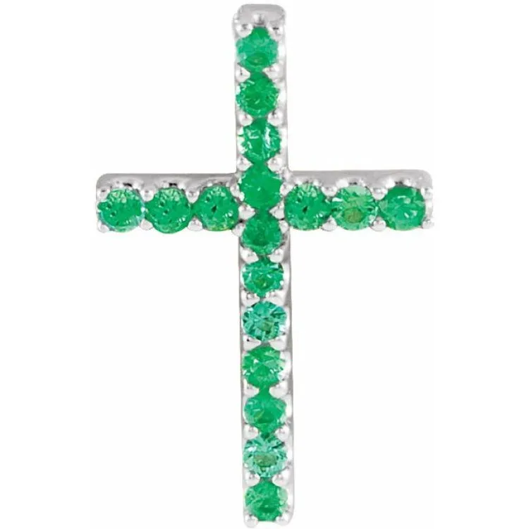 14K White Natural Emerald Petite Cross Pendant