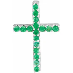 14K White Natural Emerald Petite Cross Pendant