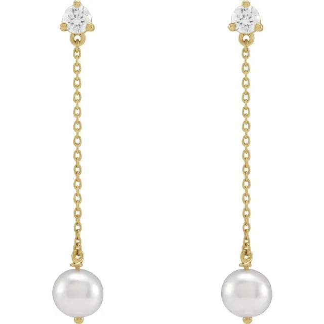 14K Yellow Gold Cultured Freshwater Pearl & 1/2 CT Lab-Grown Diamond Earrings