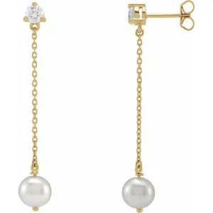 14K Yellow Gold Cultured Freshwater Pearl & 1/2 CT Lab-Grown Diamond Earrings