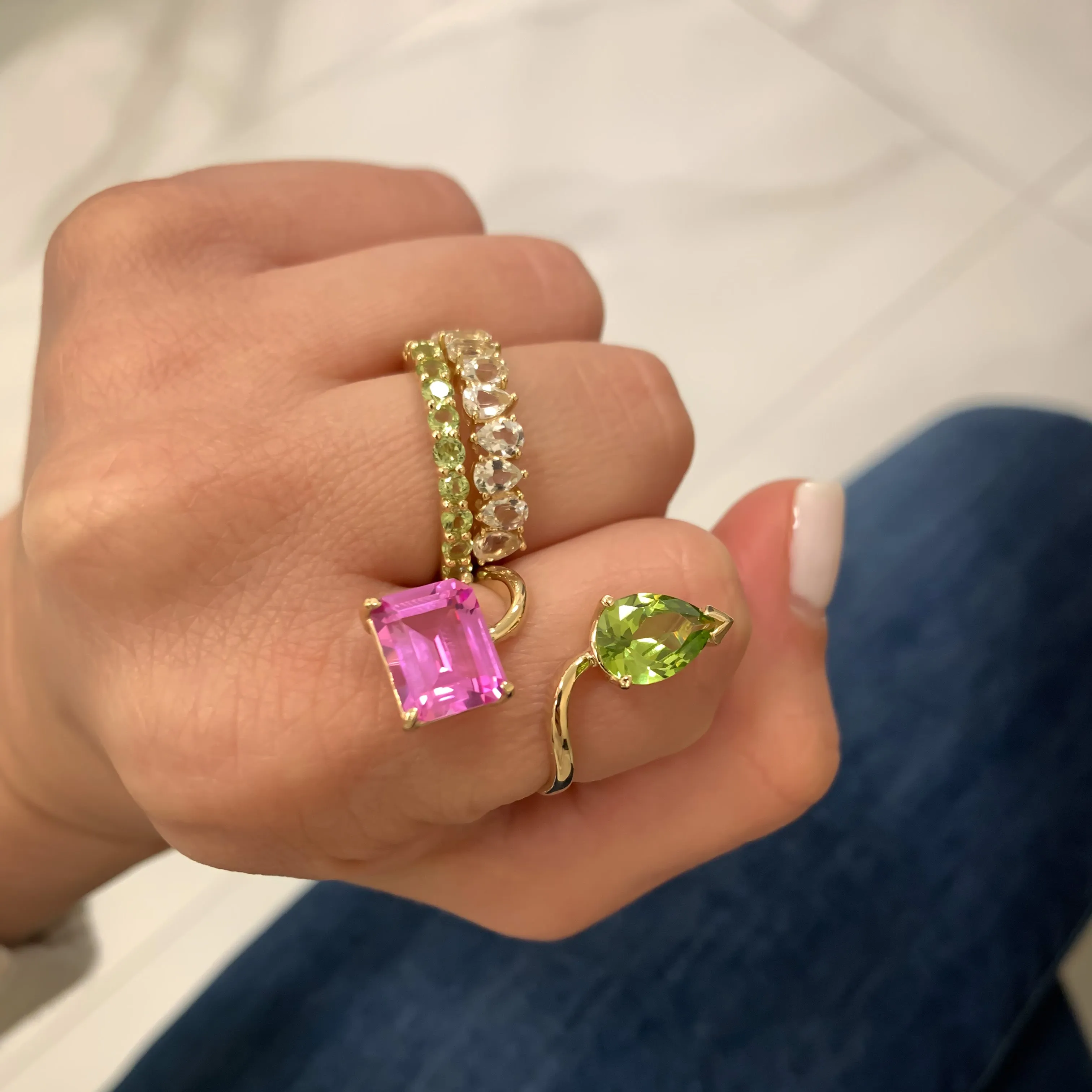 14K Yellow Gold Peridot Drop, Pink Emerald Cut Gemstones Adjustable Ring