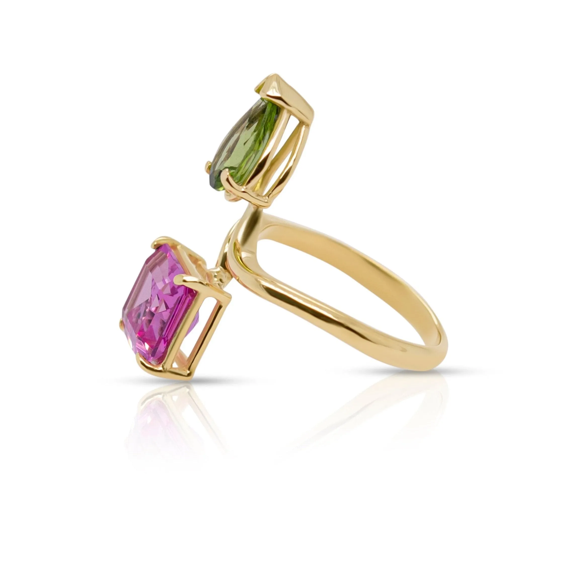 14K Yellow Gold Peridot Drop, Pink Emerald Cut Gemstones Adjustable Ring