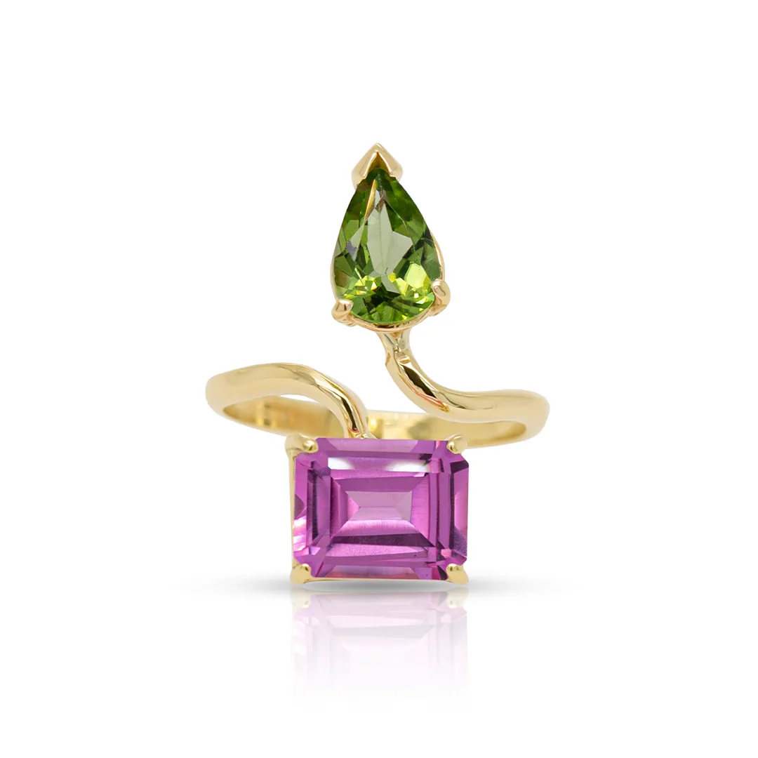 14K Yellow Gold Peridot Drop, Pink Emerald Cut Gemstones Adjustable Ring