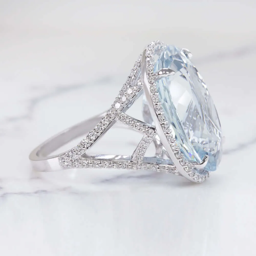 17.2c AQUAMARINE DIAMOND COCKTAIL RING NATURAL BIG STATEMENT WHITE GOLD OVAL BIG