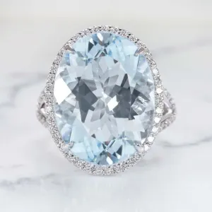 17.2c AQUAMARINE DIAMOND COCKTAIL RING NATURAL BIG STATEMENT WHITE GOLD OVAL BIG