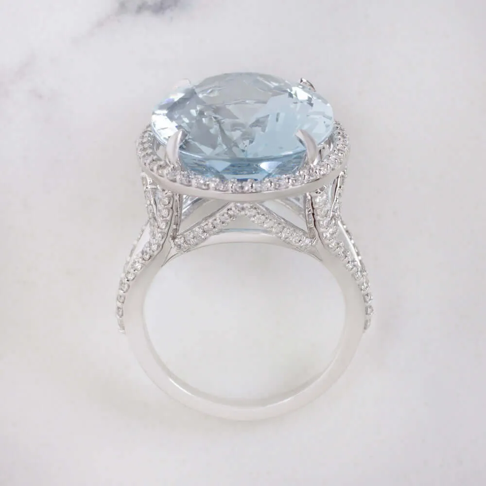 17.2c AQUAMARINE DIAMOND COCKTAIL RING NATURAL BIG STATEMENT WHITE GOLD OVAL BIG