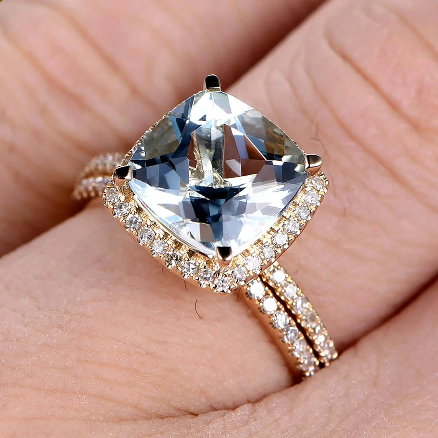 1.75 Carat Cushion Cut Aquamarine Engagement Ring Anniversary Gift With Matching Band On 10k Rose Gold Halo Design