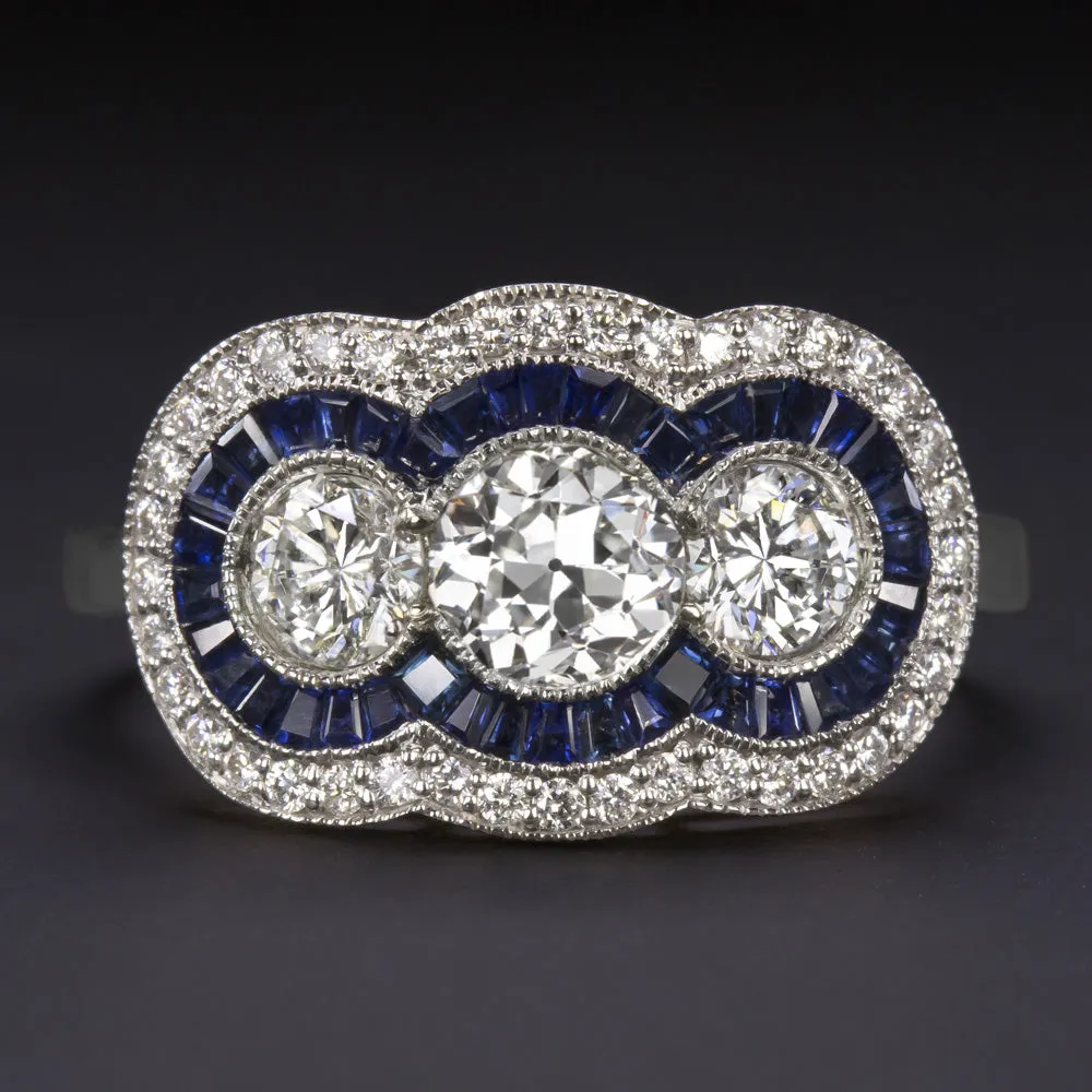 1.81ctw OLD EUROPEAN CUT DIAMOND SAPPHIRE COCKTAIL RING VINTAGE STYLE 3 STONE