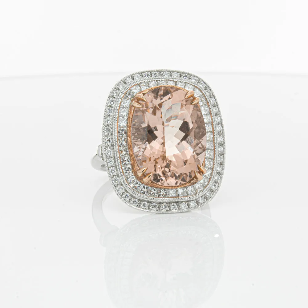 18ct White & Rose Gold 9.18ct Morganite & Diamond Halo Ring