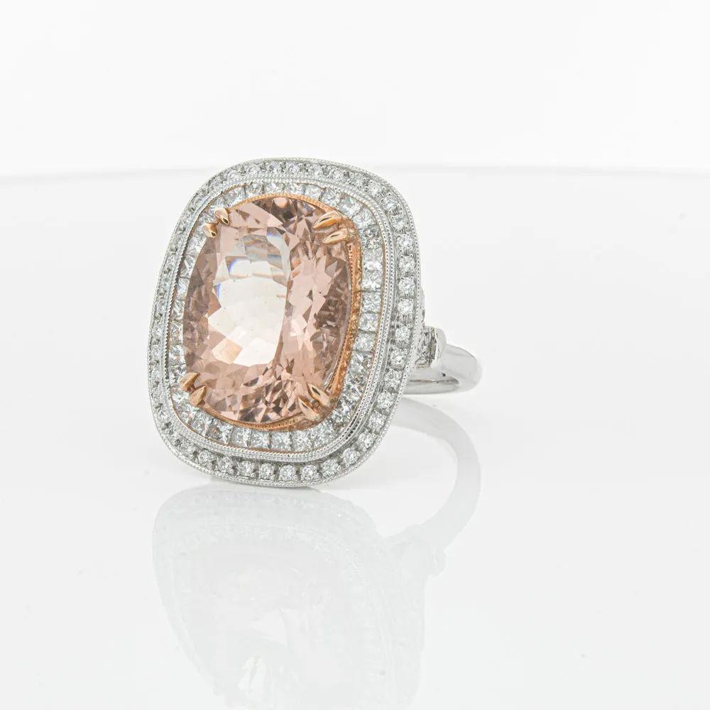 18ct White & Rose Gold 9.18ct Morganite & Diamond Halo Ring