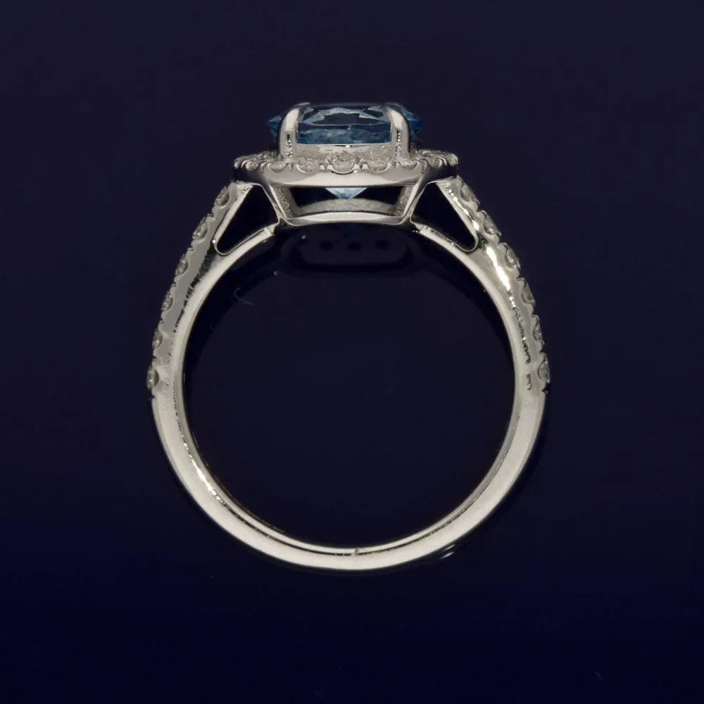 18ct White Gold Aquamarine and Diamond Halo Cluster Ring with Diamond Set Shoulders