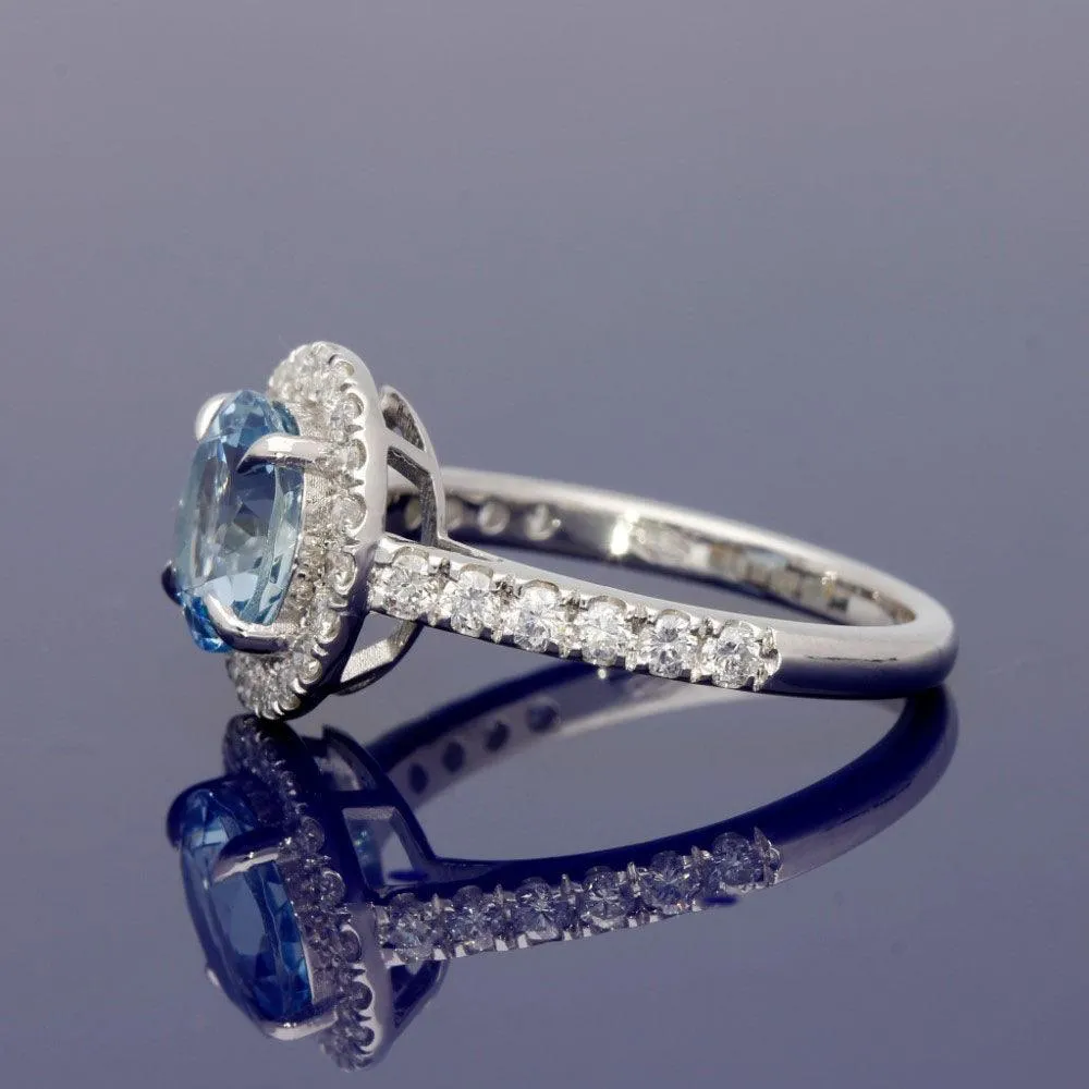 18ct White Gold Aquamarine and Diamond Halo Cluster Ring with Diamond Set Shoulders