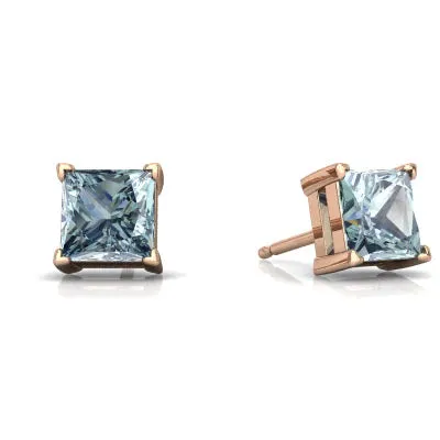 18k Rose Gold 1/4 Ct Aquamarine Princess Cut Stud Earrings 4mm Plated