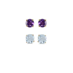 18k Yellow Gold Plated 1/2Ct Created Amethyst and Aquamarine 2 Pair Round Stud Earrings