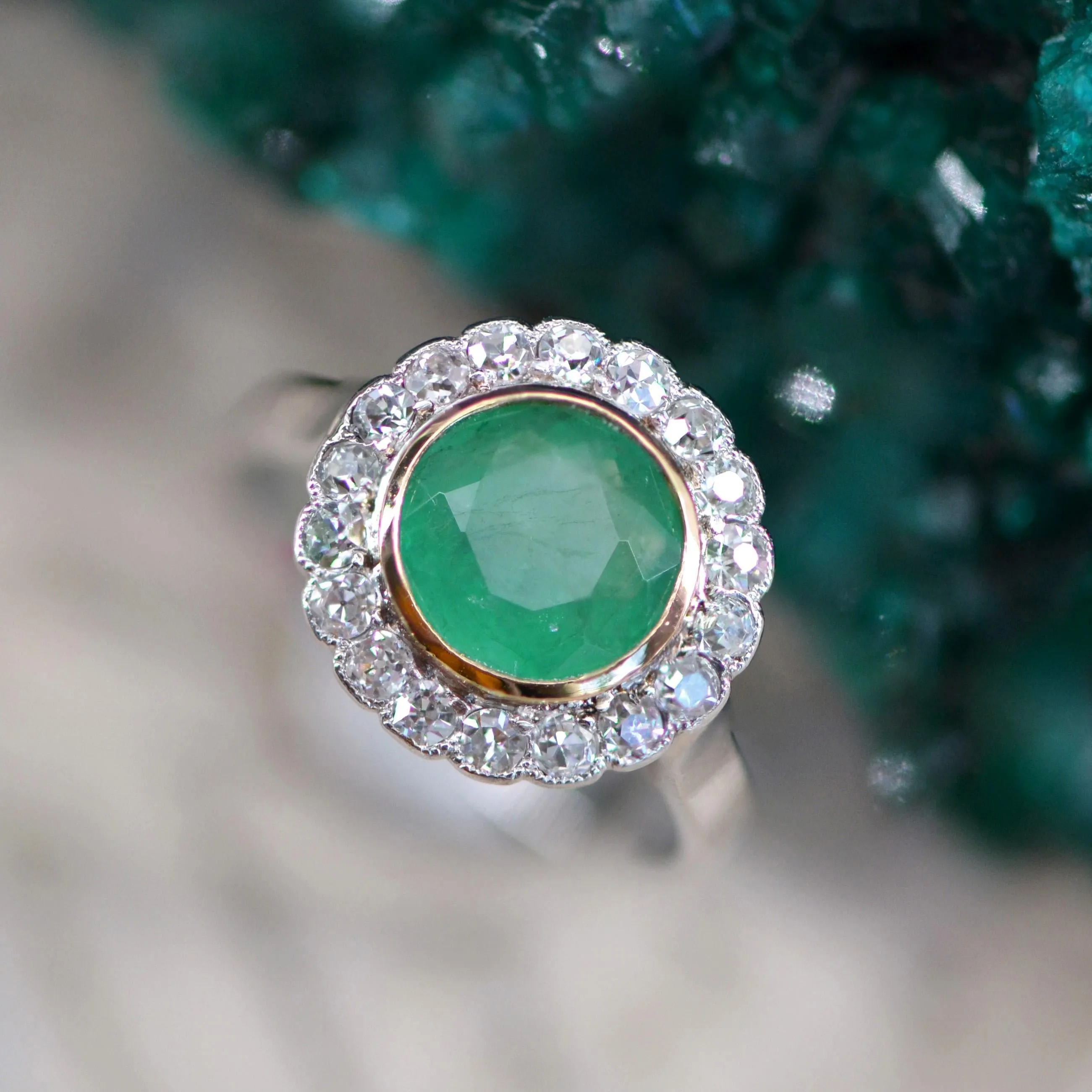 1920s Emerald Diamonds Platinum 18 Karat Yellow Gold Round Ring