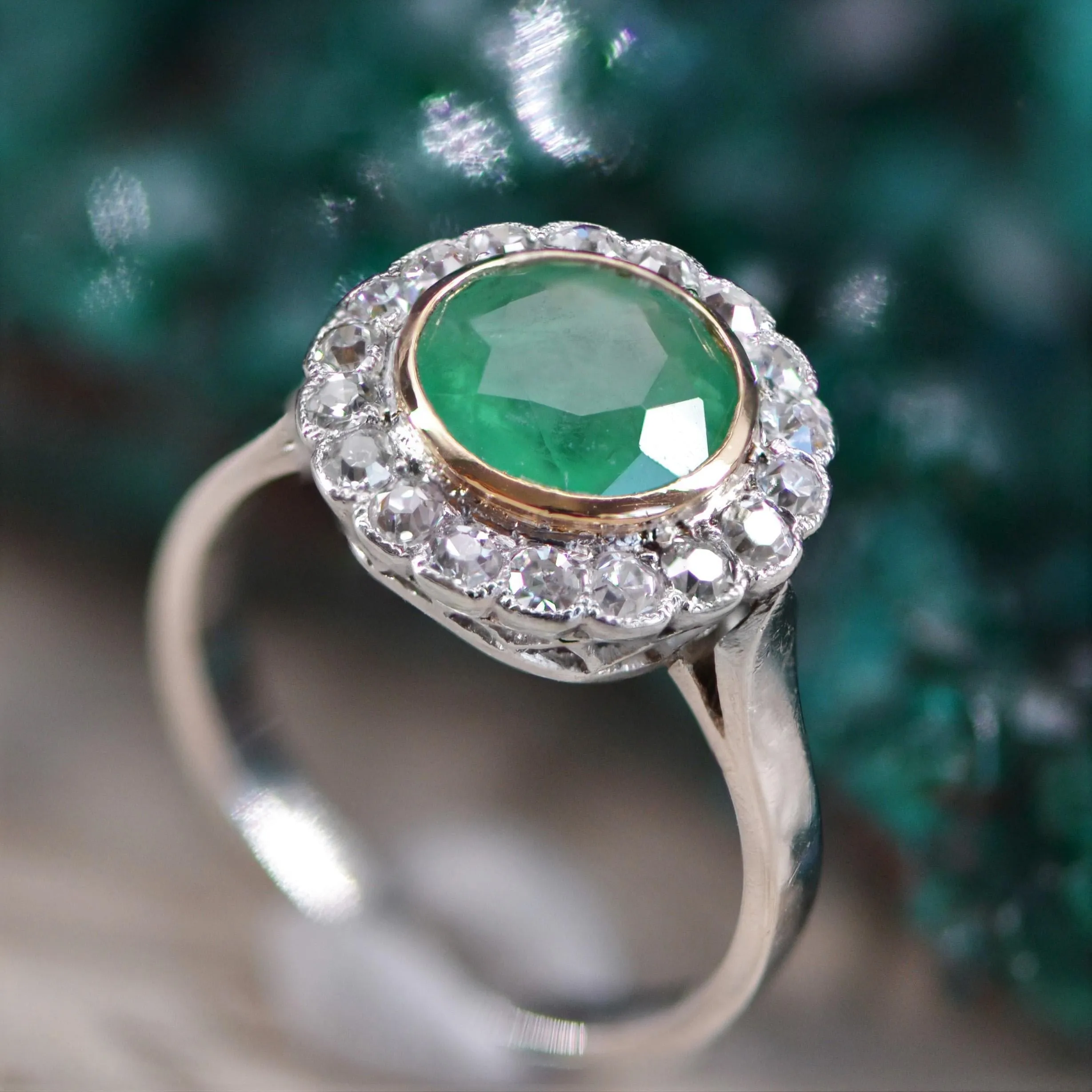 1920s Emerald Diamonds Platinum 18 Karat Yellow Gold Round Ring