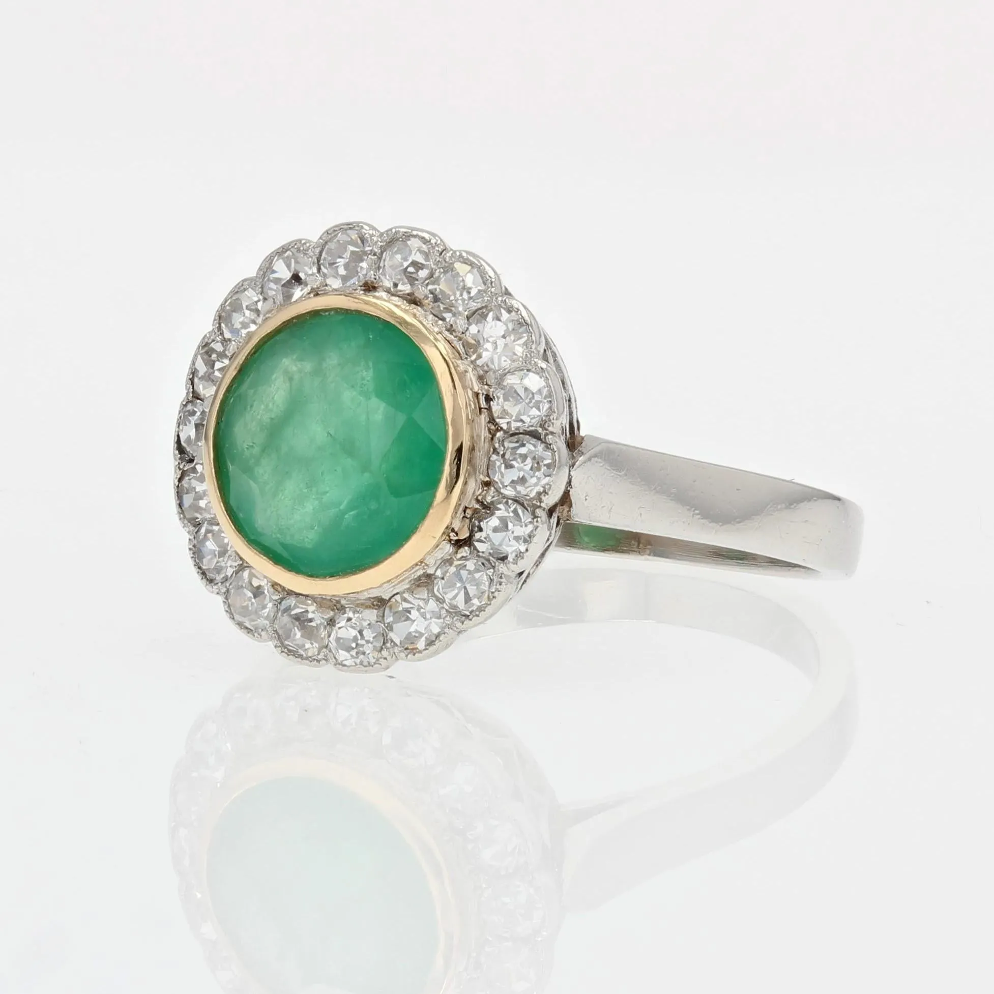 1920s Emerald Diamonds Platinum 18 Karat Yellow Gold Round Ring