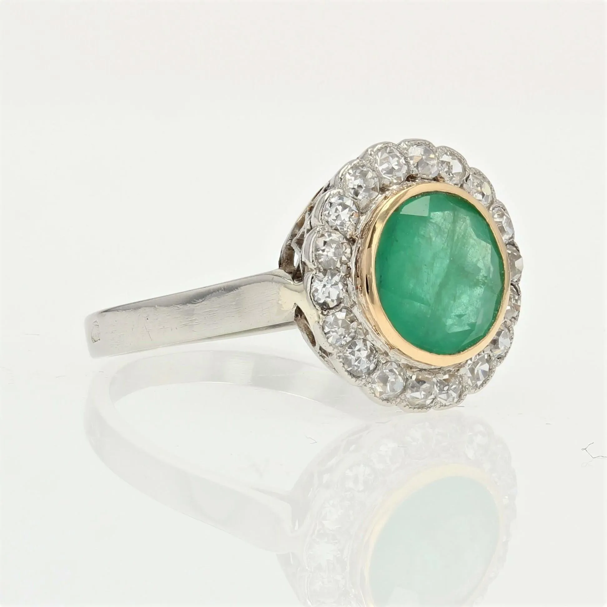 1920s Emerald Diamonds Platinum 18 Karat Yellow Gold Round Ring