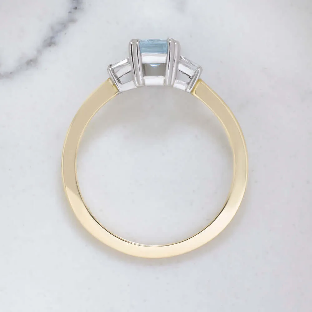 1ct NATURAL AQUAMARINE RING EMERALD CUT 14k GOLD BLUE NATURAL COCKTAIL 3 STONE