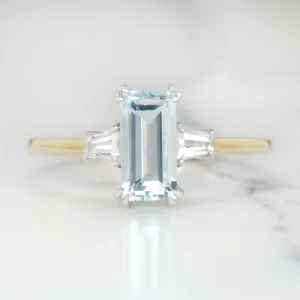 1ct NATURAL AQUAMARINE RING EMERALD CUT 14k GOLD BLUE NATURAL COCKTAIL 3 STONE