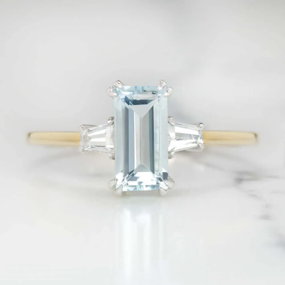 1ct NATURAL AQUAMARINE RING EMERALD CUT 14k GOLD BLUE NATURAL COCKTAIL 3 STONE