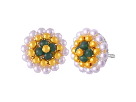 22k Majestic Pearl & Green Beads Tushi Gold Stud Earrings