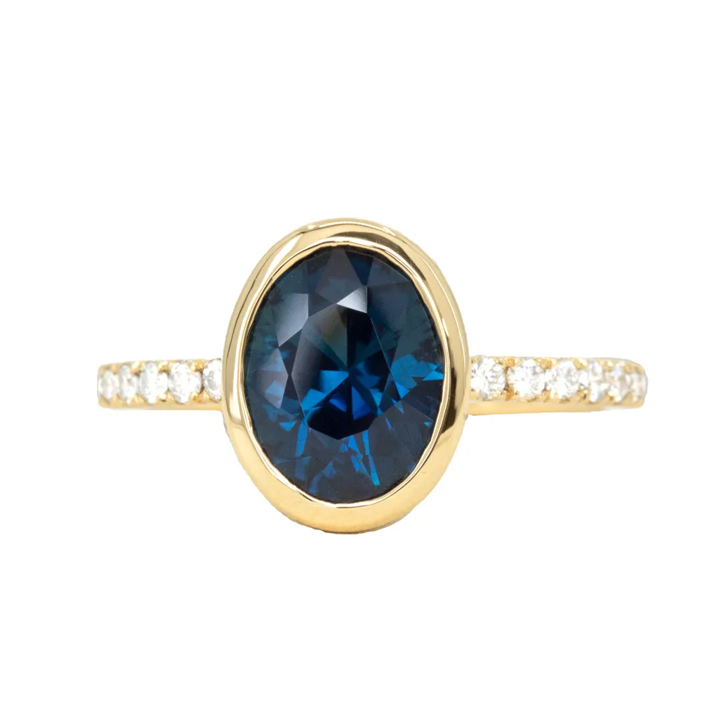 2.49ct Oval Blue Nigerian Sapphire Low Profile Bezel with French Set Diamonds 18k Yellow