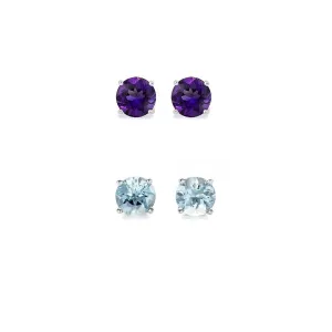 24k White Gold Plated 2Ct Created Amethyst and Aquamarine 2 Pair Round Stud Earrings