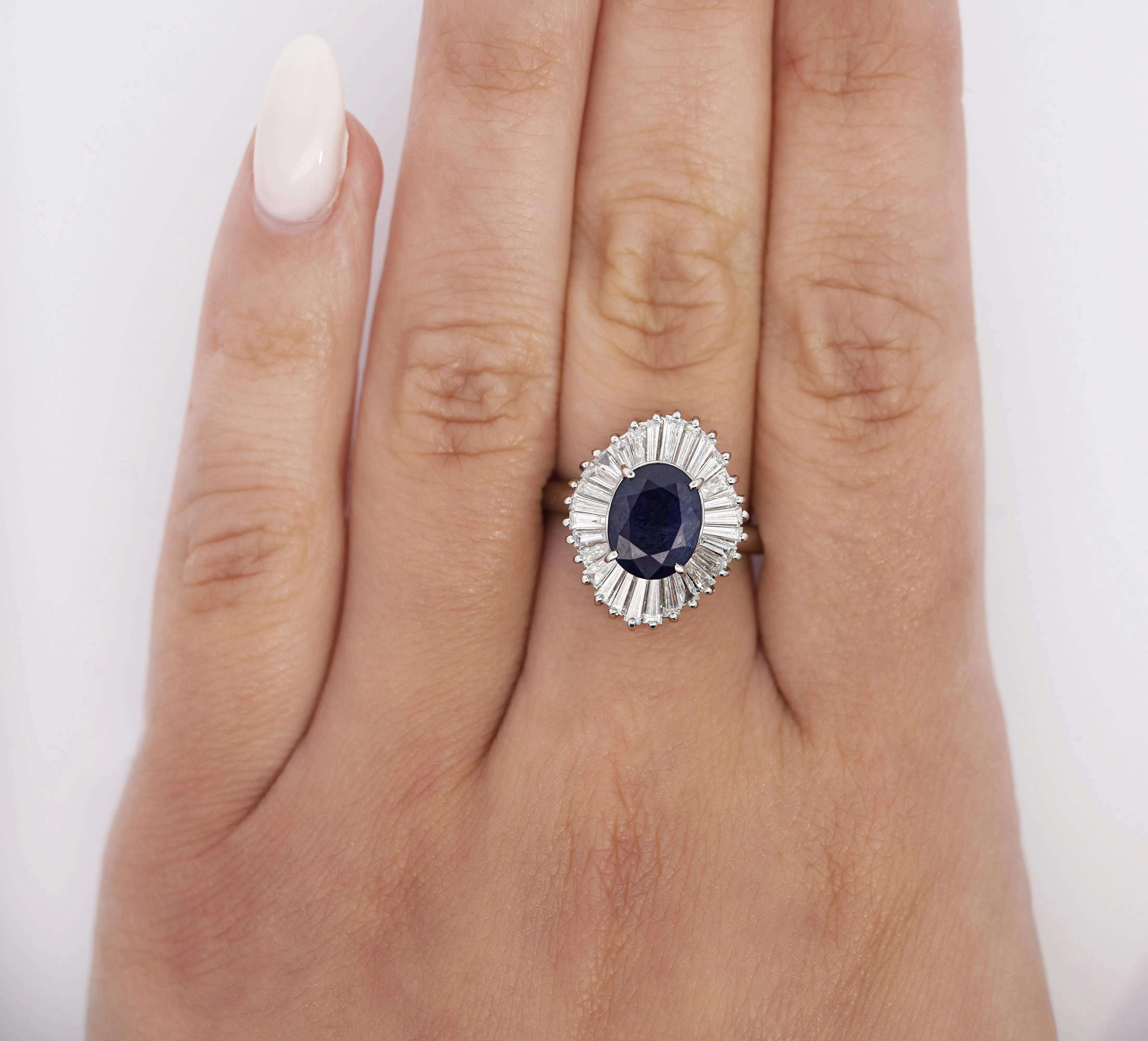 2.58 Carat Oval Cut Blue Sapphire and Diamond Halo Platinum Ballerina Ring