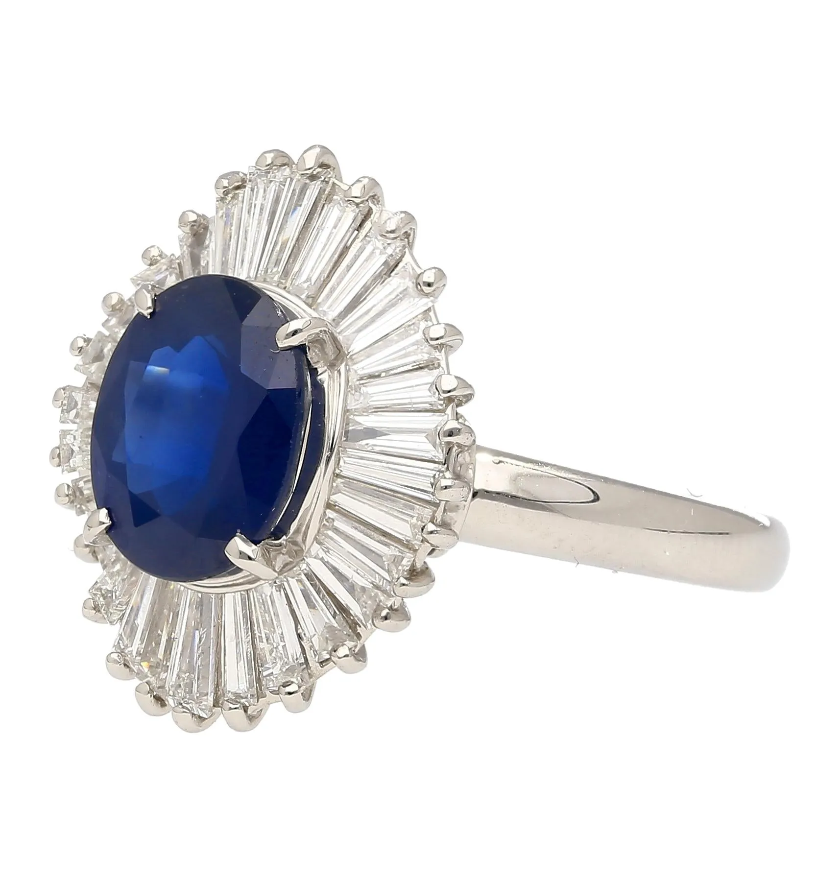 2.58 Carat Oval Cut Blue Sapphire and Diamond Halo Platinum Ballerina Ring