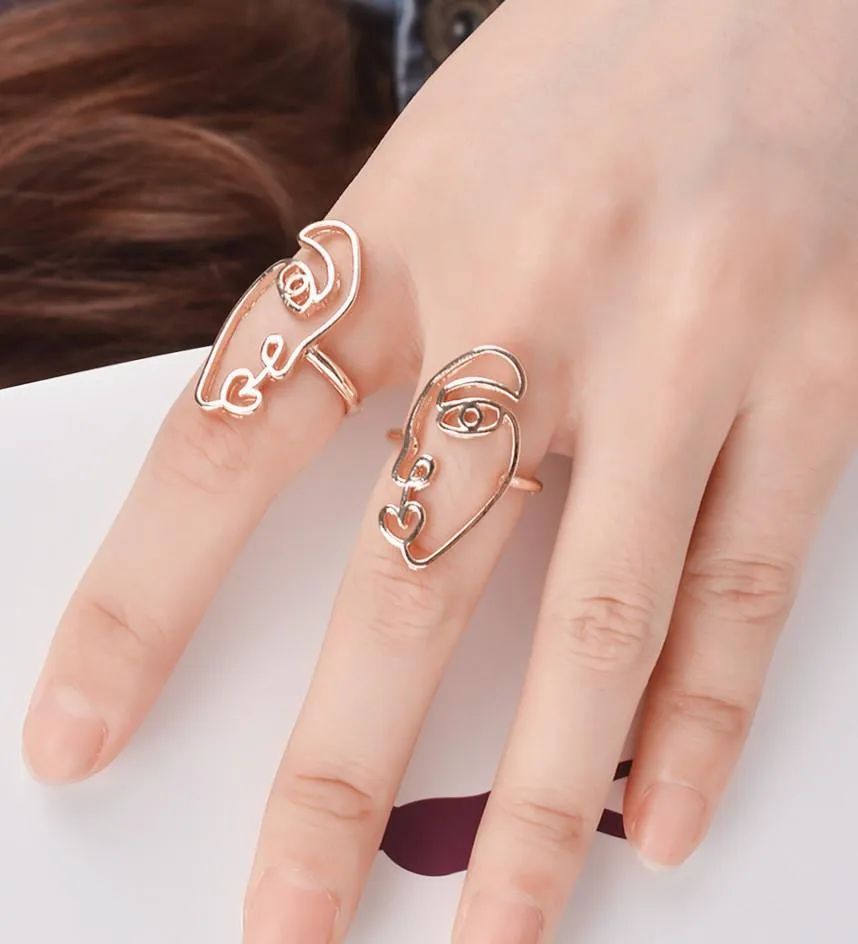 2PCS/Set Hip Hop Unique Abstract Face Ring Set Hollow Minimalist Matching Half Face Rings for Women Anillos Mujer Couple Ring