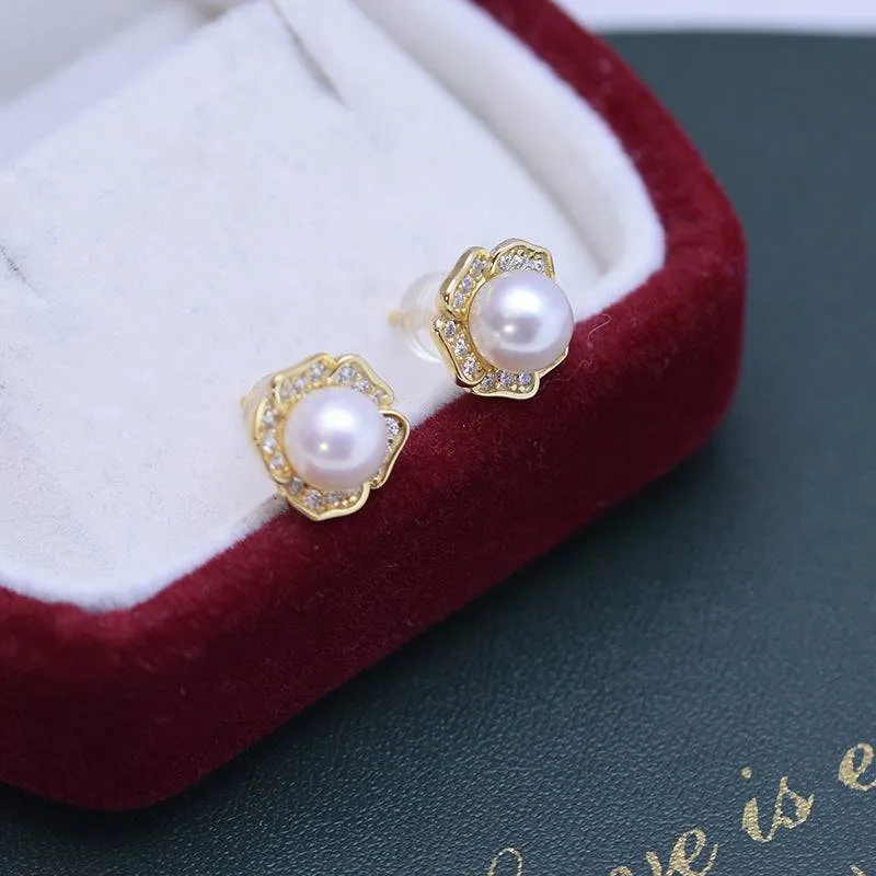 6-7mm Freshwater Pearl & Petal Rose Earrings