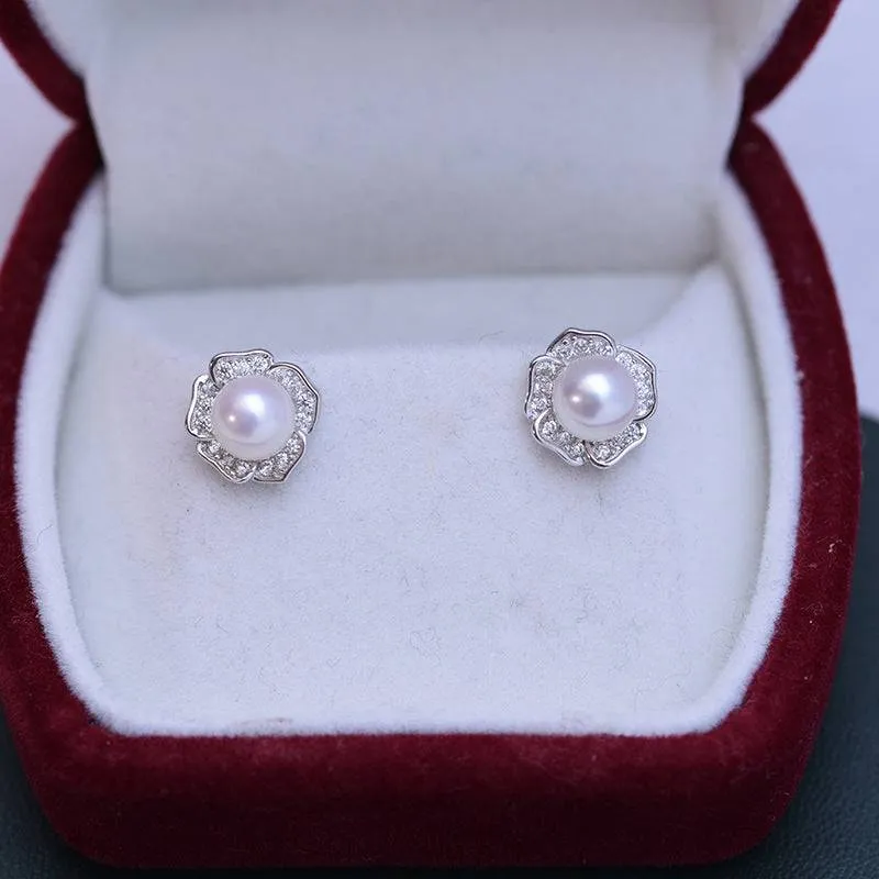 6-7mm Freshwater Pearl & Petal Rose Earrings