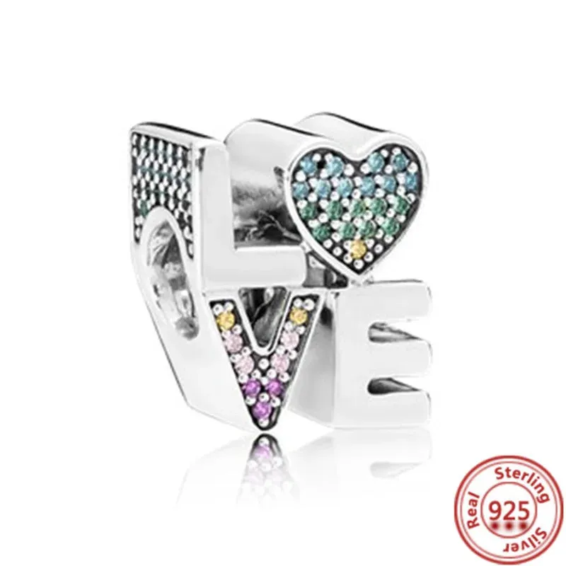 925 Sterling Silver Colorful Clear Zircon Sparkling Love Charm Round Heart Beads Fit Original Pandora Bracelet Women DIY Jewelry