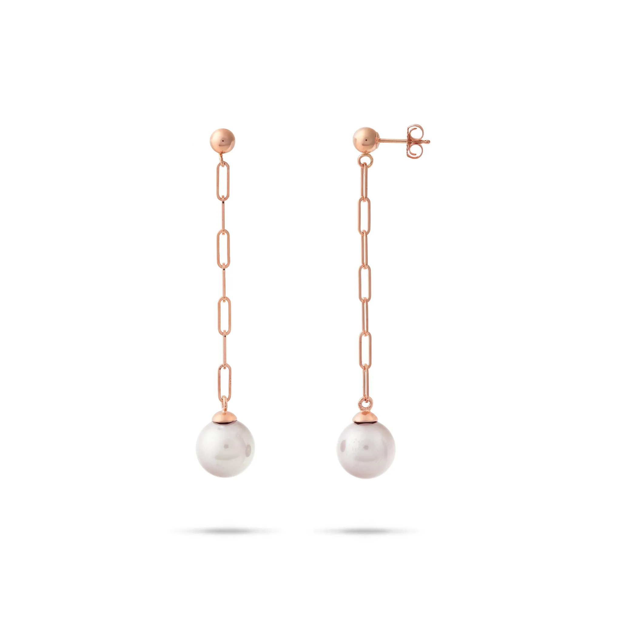 Akoya White Pearl Paperclip Chain Earrings in Rose Gold - 8mm