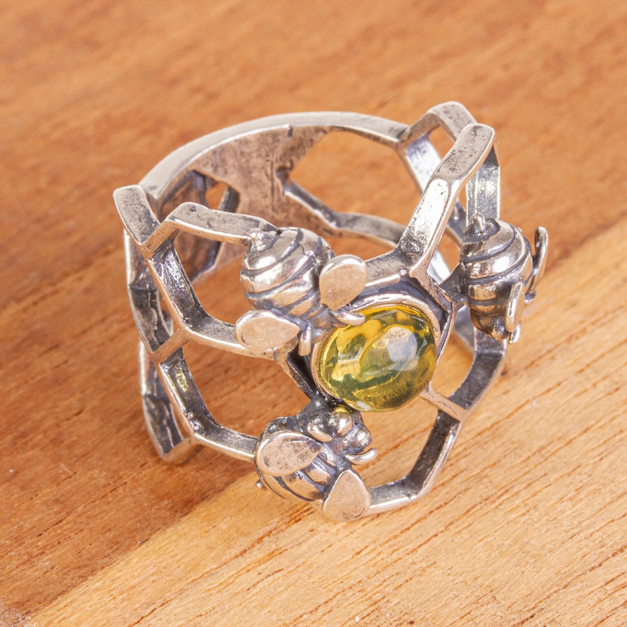 Amber and Sterling Silver Bee Cocktail Ring from Mexico - Glowing Honey | NOVICA