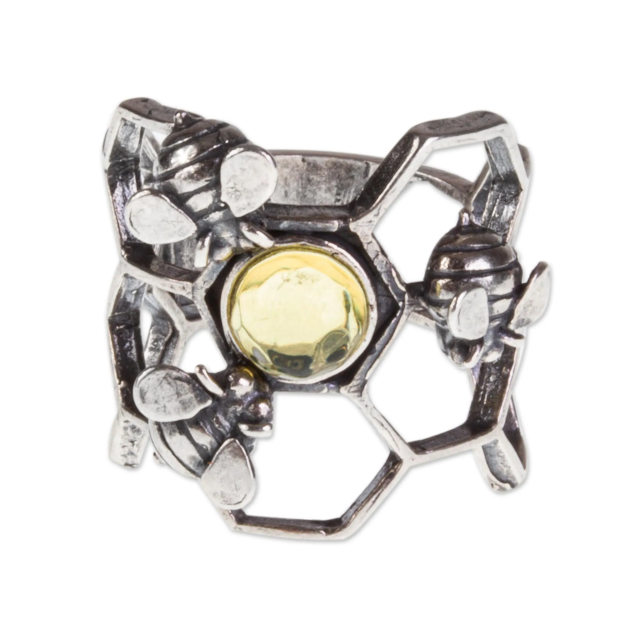 Amber and Sterling Silver Bee Cocktail Ring from Mexico - Glowing Honey | NOVICA